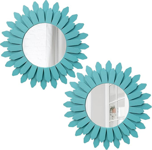 Honiway Beach Wall Decor Mirror 2 Pack 12 inch Wood Coastal Wall Decor Sunburst Boho Home Decor Room Decor for Bedroom Living Room Entryway Cyan by Honiway