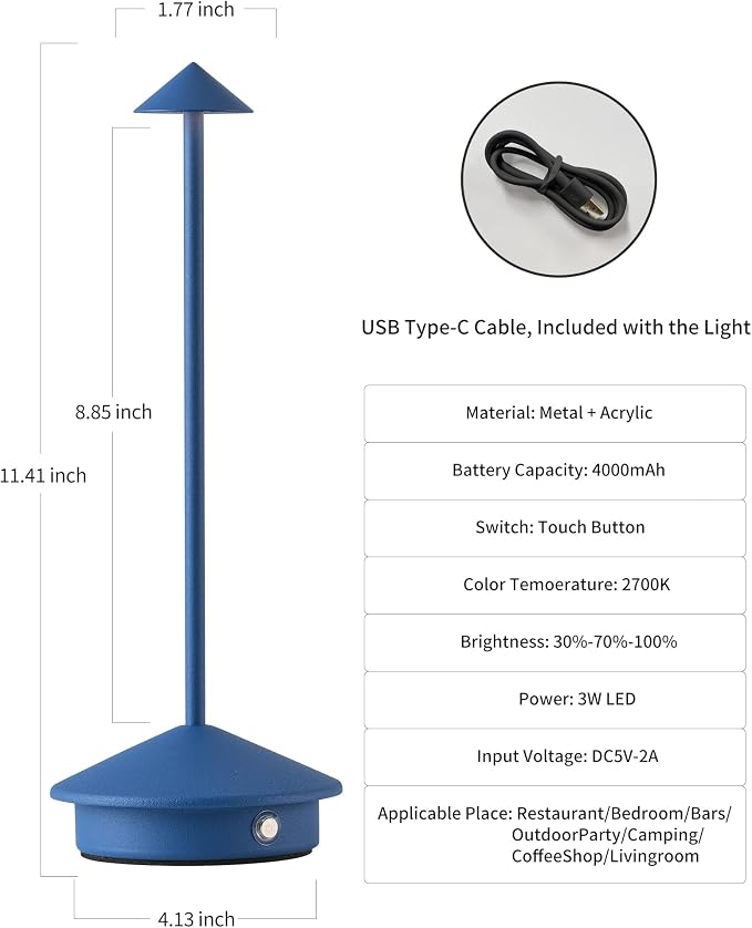 Modern Cordless Table Lamp Set of 2, Blue Portable LED Desk Lamps | 4000mAh, Rechargeable, Battery Operated Lighting for Bedroom, Dining Room, Restaurant, Coffee Shop, Camping, Night Light - Image 5