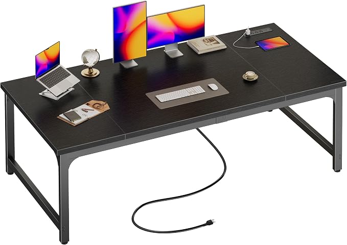 Huuger 63 x 31.5 inch Desk with Power Outlets & USB-C, 0.95 Inch Thicker Desktop, Robust Metal Tubes, Deep Computer Desk, Heavy Duty Office Work Desk, for Home Office, Black by Huuger
