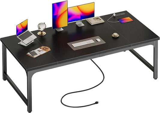 Huuger 63 x 31.5 inch Desk with Power Outlets & USB-C, 0.95 Inch Thicker Desktop, Robust Metal Tubes, Deep Computer Desk, Heavy Duty Office Work Desk, for Home Office, Black by Huuger