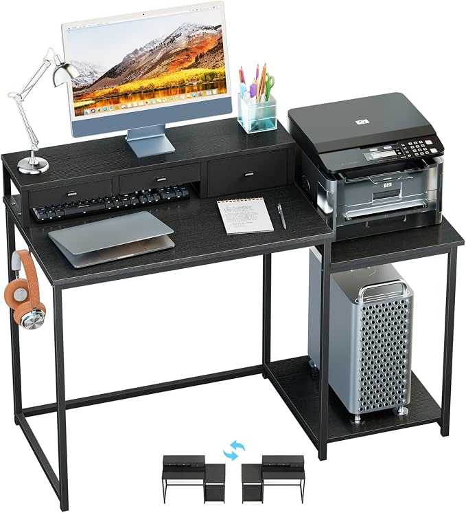 SINPAID 47 inch Computer Desk with Printer Shelf, Gaming Desk with Monitor Stand and Drawers, Reversible Home Office Desk with Storage Shelves and 2 Hooks, Home Workstation for Study Writing, Black by SINPAID