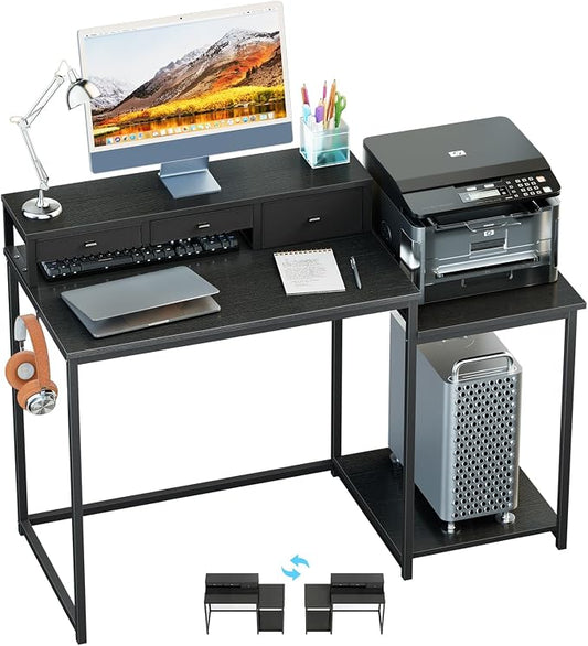SINPAID 47 inch Computer Desk with Printer Shelf, Gaming Desk with Monitor Stand and Drawers, Reversible Home Office Desk with Storage Shelves and 2 Hooks, Home Workstation for Study Writing, Black by SINPAID
