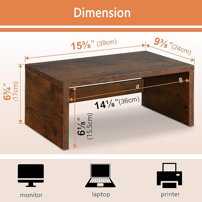 TEAMIX 6.7 inch Tall Monitor Stand Riser, Wood Shelf Riser, Desk Organizer | Laptop/Printer/Computer Stand, Extra Storage Underneath,Hold 80 Lbs, Rustic Design, Smooth Espresso Finish, for Home Office - Image 5