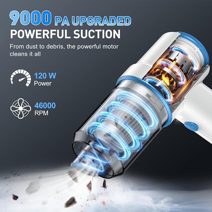 KMM Handheld Car Vacuum Cleaner, 9000PA Vacuum Cleaner & Air Duster, 120W High Power Vacuum Portable Cordless, Hand Held Vacuum Rechargeable with Multi-Nozzles & LED Light for Home, Car, Office - Image 2