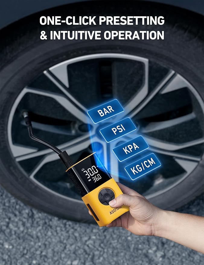 AstroAI L7S Tire Inflator Portable Air Compressor Cordless with Digital Pressure Gauge, 150 PSI LED Light Bike Air Pump with Fast Inflation & Auto Shut-Off for Car Tires,Motorcycles,Bikes,Balls,Yellow - Image 8