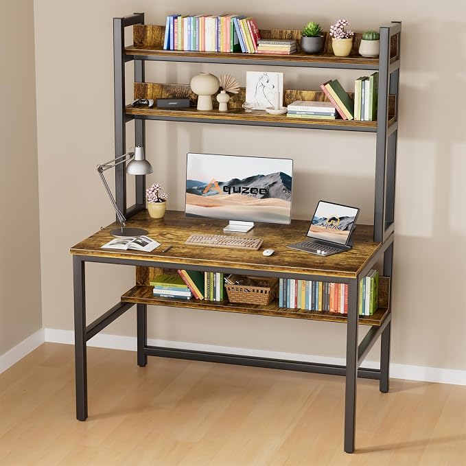 Aquzee Computer Desk with Hutch Bookshelves, 55 Inch Home Office Writing Desk with Space Saving Design, Gaming Table Organized Desk with Storage Shelves Bookshelf Easy Assemble, Rustic Brown - Image 2