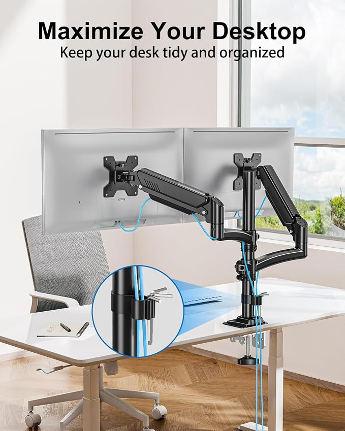 Dual Monitor Stand for Computer Screen up to 32", Holds 22 lbs Each | Taller Monitor Arms Desk Mount, Height Adjustable Gas Spring VESA Mount with C-clamp Grommet Mounting, Black, Freelift - Image 6