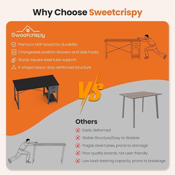 Sweetcrispy 40-Inch Computer Desk with Drawers, Office Desk, Black | Small Desk for Bedroom Home Office with Side Hook, Modern Simple desk with storage for Writing - Image 7