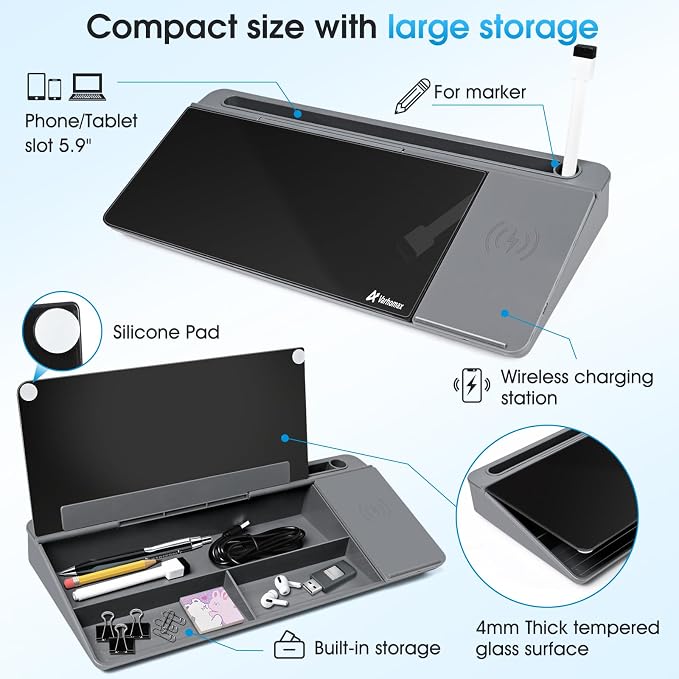 Varhomax Glass Desk Whiteboard with Wireless Charger, Desktop Organizer Dry Erase White Board with Storage, to Do List Memo Notepad for Home Office and School Supplies (Gray & Black) - Image 6