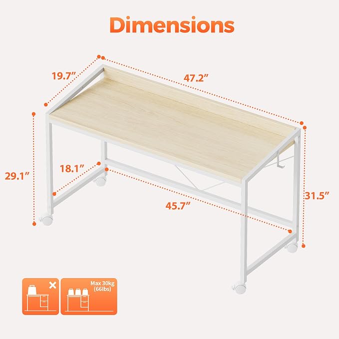 Mericonia 47x20 Inch Small Computer Desk with Wheels & Rear Lip | Simple Rolling Desk, Writing Table for Home Office Bedroom Work Study, Oak - Image 2
