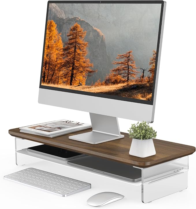 Fenge 23.6" Monitor Stand with Clear Acrylic Legs, Brown | Clear acrylic, storage compartment, 2-tier home office monitor riser, wide large desktop shelf fit monitor/laptop/printer by Fenge
