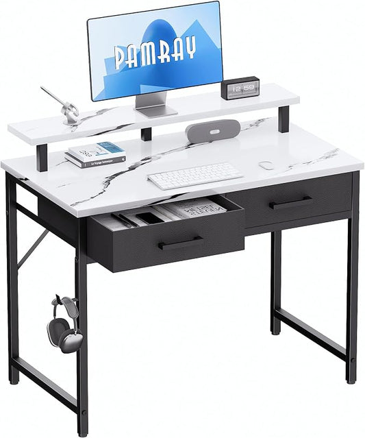 Pamray 32 Inch Small Computer Desk with Monitor Stand and 2 Drawers | Small Gaming Desk, for Bedroom Apartment and Dorm, for Study Work and Writing, Small Spaces, Sturdy, Easy Assembly by PAMRAY