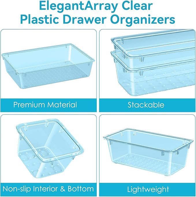 ElegantArray 12 PCS Drawer Organizer Set, Makeup Organizers, Sea Blue | 4 Sizes, Plastic, Stackable, Multiple Gadgets, Desk Drawer Divider Organizers, for Makeup, Office Supplies Storage - Image 3