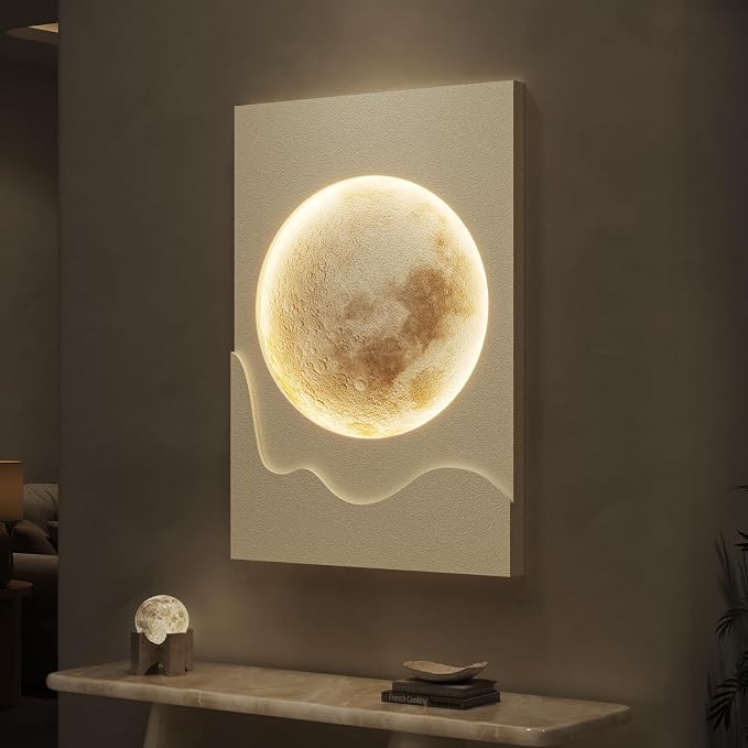 Cuspin Large Modern Minimalist White 3D LED Moon Wall Art 24x36 In | Warm lighted wall art, Cream tones wall decor, Lunar pictures, Soft textured wall art for living room bedroom dining room by Cuspin