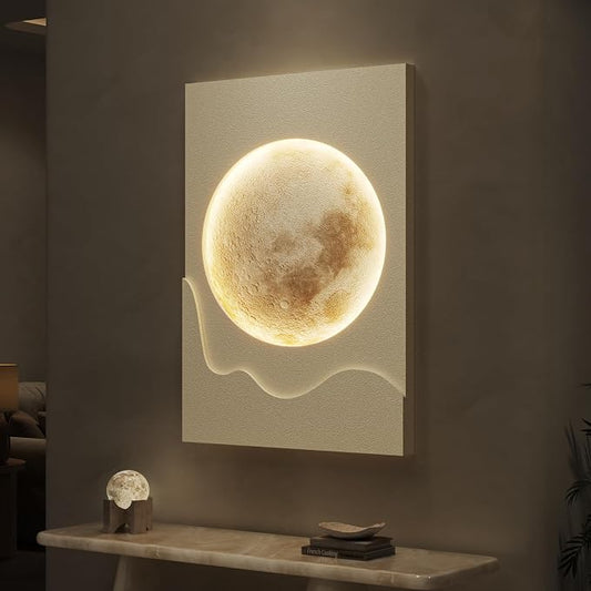 Cuspin Large Modern Minimalist White 3D LED Moon Wall Art 24x36 In | Warm lighted wall art, Cream tones wall decor, Lunar pictures, Soft textured wall art for living room bedroom dining room by Cuspin