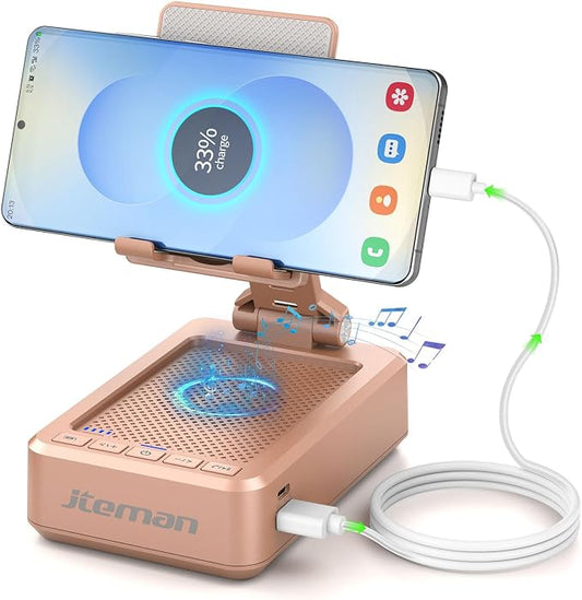 JTEMAN Cell Phone Stand with Bluetooth Speaker and Charging Function, HD Sound Adjustable Phone Holder, Birthday Gifts for Men Women, Cool Tech Kitchen Gadgets for All Phones,Tablet (Rose Gold) by jteman