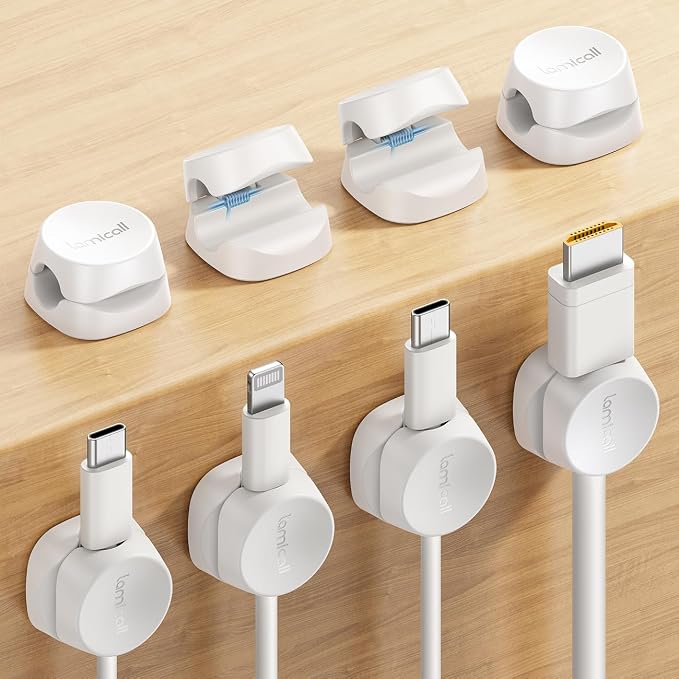 Lamicall 8 Pack Cord Organizer, [1s Lock] Cable Management Clips | Spring-Powered Cord Holder, Adhesive Phone Charger Keeper for Nightstand Desk Car, Office Home College Dorm Accessories by Lamicall