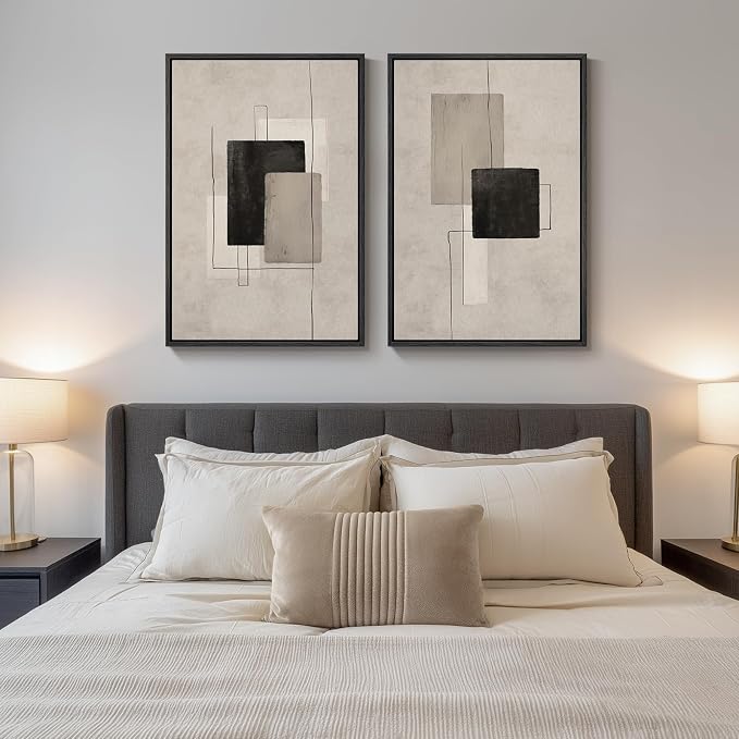 Large Framed Neutral Abstract Wall Art for Living Room, Set of 2 Black and Beige Modern Canvas Prints Paintings Artwork for Walls, Minimalist Block Lines Pictures for Hallway Office Wall Decor 24x36 In - Image 4