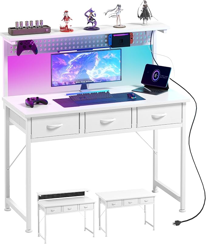 MUTUN Computer Desk with Drawers, 40 Inch Computer Desk with Power Outlet & LED Light, Gaming Desk with Adjustable Monitor Stand & Pegboard, Modern PC Study Writing Table for Bedroom, White by MUTUN