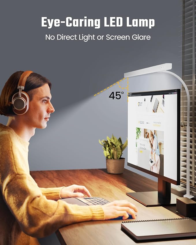 SUPERDANNY LED Desk Lamp for Home Office, Eye-Caring Desk Light with Adjustable Gooseneck, 12W Touch Control Dimmable Brightness, Architect Clamp Lamp with USB Adapter, White - Image 2