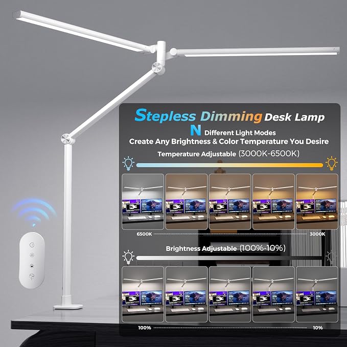 Airlonv LED Desk Lamp, Double Swing Arm Wide Lighting Area Desk Lamps for Home Office with Stepless Dimming, Eye-Caring Architect Desk Light with Clamp for Reading, Study, Workbench, Drafting(White) - Image 2