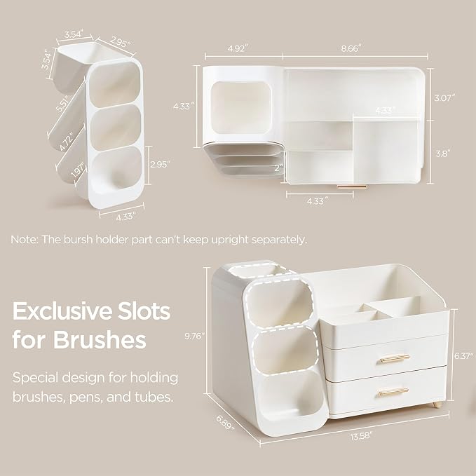 HBlife Makeup Organizer with Brush Holder for Vanity, Large Plastic Bathroom Countertop Organizer Skin Care Storage, Easy to Store Lipsticks, Nail Polishes, Perfumes, Eyeshadow Palettes, All White - Image 3