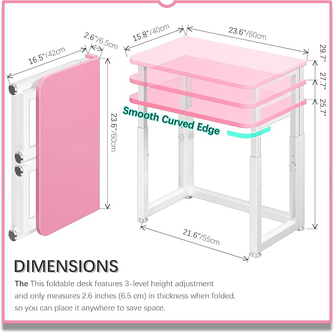4NM No Tool Assembly 23.6" Small Desk, Folding Portable Desk with Wheels, Adjustable Height Foldable Computer Home Office Desks, Collapsible Study Writing Table for Space Saving Bedroom - Pink White - Image 2