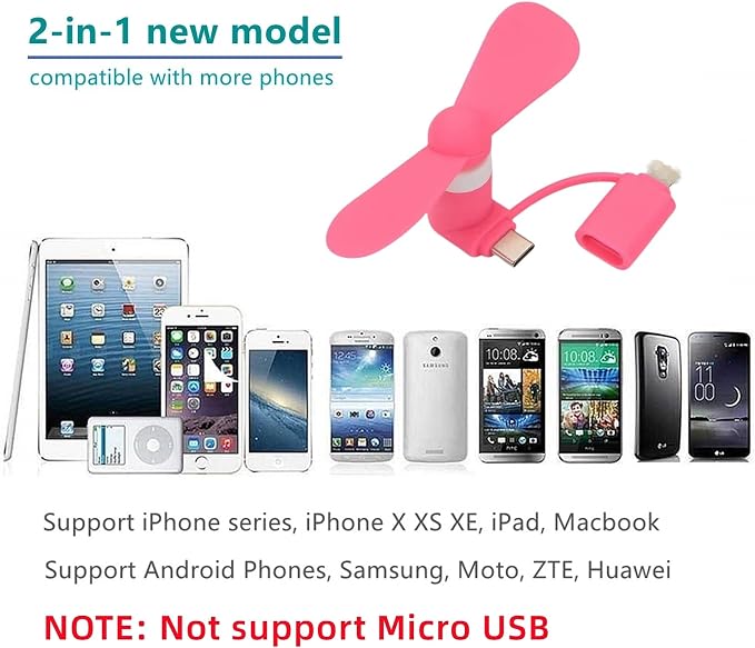 Type USB C 2-in-1 Cell Phone Fan, for iPhone All Series 7 8 X 11 12 13 14 15 16 17 XS XR Plus Mini Pro Max SE, for Samsung Galaxy S, Z Fold Flip, A1/A2/A3/A5 Series, M1/M3/M5, Note Series (Color x6) - Image 3