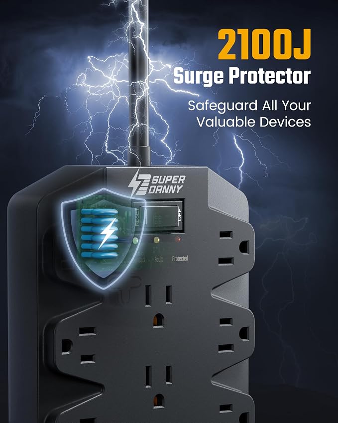 18 Widely Outlets Power Strip, SUPERDANNY Surge Protector with 4 USB Ports, 15FT Flat Plug Heavy Duty Extension Cord, 2100J, 1875W/15A, Wall Mount Holes for Home, Office, Dorm, Black - Image 4