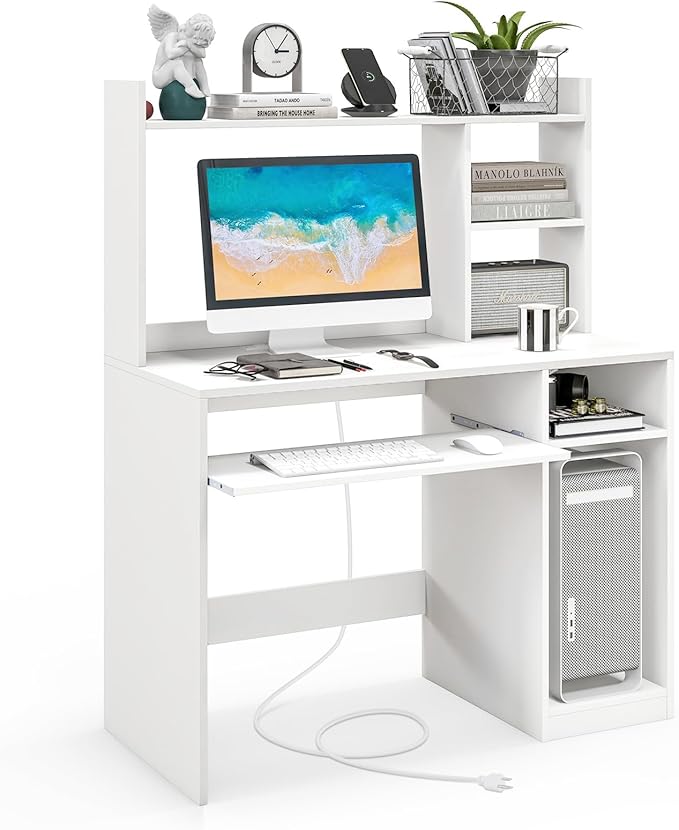 Giantex Computer Desk with Hutch, 43.5 Inch Home Office Desk with Keyboard Tray & Charging Station, Laptop PC Table for Workstation, Modern Study Writing Desk for Small Space, Bedroom, White by Giantex