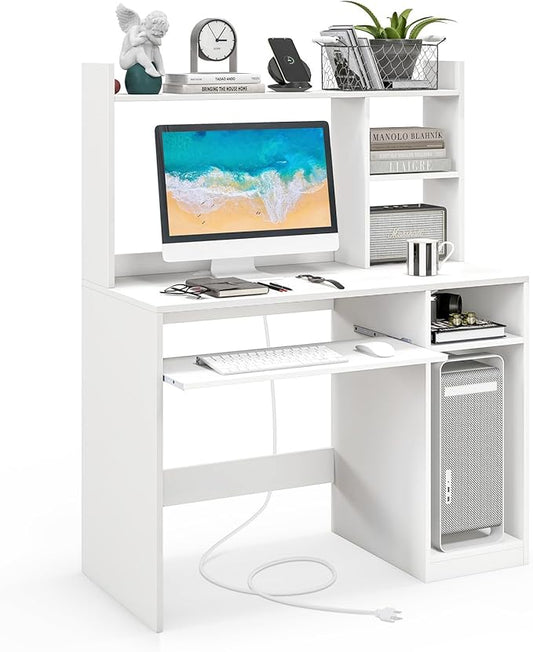 Giantex Computer Desk with Hutch, 43.5 Inch Home Office Desk with Keyboard Tray & Charging Station, Laptop PC Table for Workstation, Modern Study Writing Desk for Small Space, Bedroom, White by Giantex