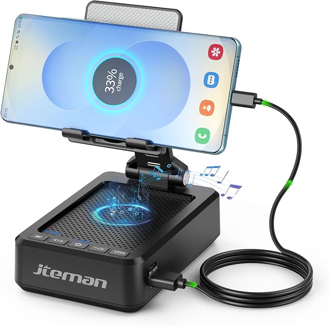 JTEMAN Cell Phone Stand with Bluetooth Speaker and Charging Function, HD Sound Adjustable Phone Holder, Birthday Gifts for Men Women, Cool Tech Kitchen Gadgets for All Phones,Tablet (Black) by jteman