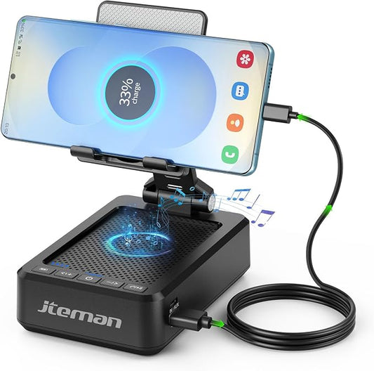 JTEMAN Cell Phone Stand with Bluetooth Speaker and Charging Function, HD Sound Adjustable Phone Holder, Birthday Gifts for Men Women, Cool Tech Kitchen Gadgets for All Phones,Tablet (Black) by jteman