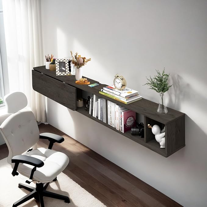 Pmnianhua 63'' Floating Desk with Storage Shelves,Wall Mounted Desk Laptop Computer Writing Study Table for Bedroom Small Space(Dark Grey) - Image 2