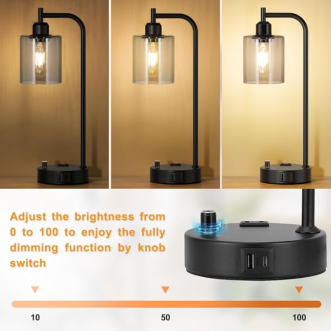 Industrial Desk Lamps for Office Set of 2 - Fully Dimmable Bedside Lamps with USB A C Ports and Outlet, Black Nightstand Lamps with Grey Glass Shade for Living Room, Table Lamps for Bedrooms Reading - Image 3