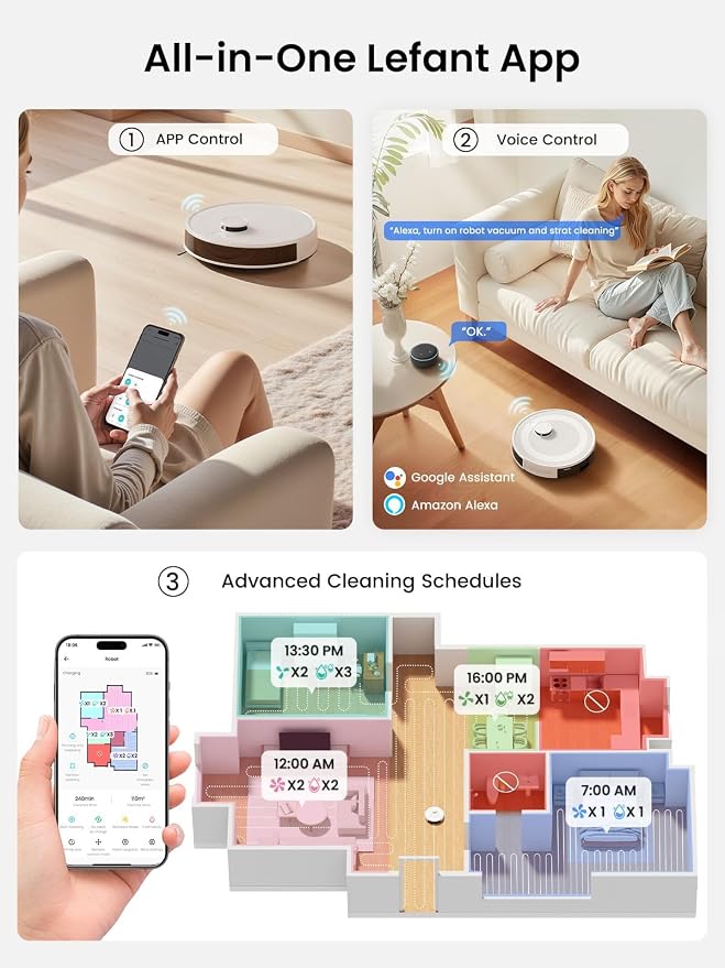 Lefant Robot Vacuum and Mop,75-Day Self-Emptying,6000Pa Powerful Suction,Customized Cleaning,Home Mapping, 140 Min Runtime, Roller Brush for Carpet,2.4G/5G WiFi/Alexa/APP/iWatch,M2 Plus - Image 8