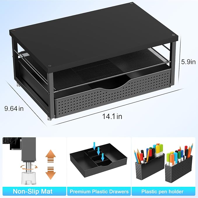 gianotter Desk Organizers and Accessories, Monitor Stand with Drawer and 2 Pen Holder, Desktop Organizer Suitable for Offices and Dormitories (Black-Plain) - Image 4