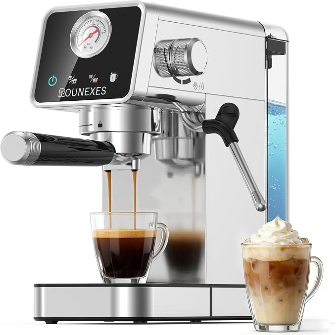 20 Bar Espresso Machine, Semi-Automatic Espresso Machine with Milk Frother, Compact Espresso Coffee Maker For Café-Quality Lattes and Cappuccinos at Home & Office, Silver by ROUNEXES