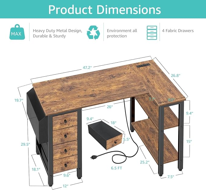 Lufeiya L Shaped Desk with Drawers & Storage Shelves, 47 Inch Small Reversible Corner Desk with Power Outlet for Home Office Bedroom, L-Shaped Gaming PC Computer Desks with Fabric Drawer, Rustic Brown - Image 3