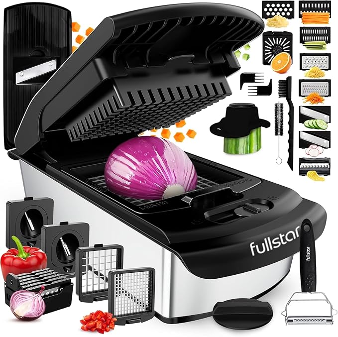 Fullstar Pro Original Vegetable Chopper & Mandoline Slicer Kitchen Gadget | 14 in 1 Veggie Slicer, Onion & Fruit Cutter with Sharp Stainless Steel Blades & Container (Stainless Steel) by fullstar
