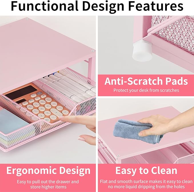Small Pink Laptop Stand for Desk, Monitor Stand, Office Desk Accessories, Computer Desktop Stand with Drawer for Home, Office, School (Pink) - Image 6