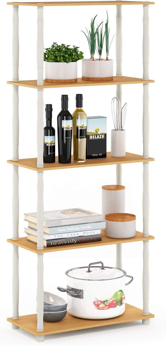 Furinno TURN-S-TUBE Storage Shelves, 5-Tier Book Shelf, Corner Shelf, Toolless Open Shelves, Classic Tubes, for Organization and Storage, Living Room, Garage, Home Office, Beech by Furinno-FitsYourSpaceFitsYourBudget