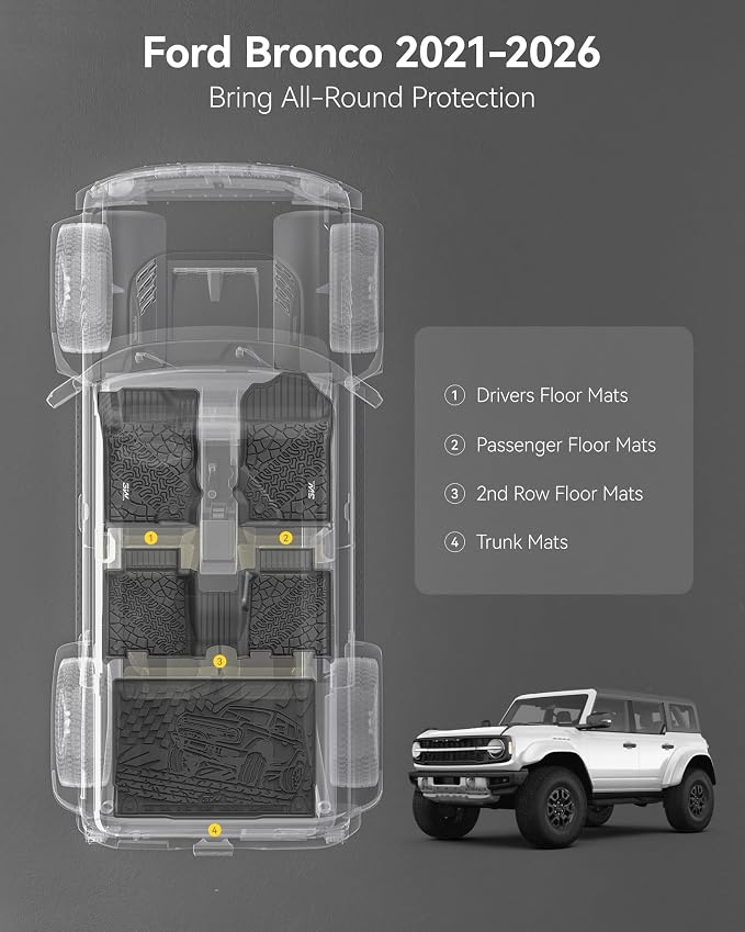 3W Floor Mats & Cargo Liner Fit for 2021-2025 2026 Ford Bronco 4 Door, TPE All Weather Custom Fit Floor Liner 1st 2nd Row and Full Set Trunk Mats, Black (Not for Bronco Sport & Rubberized Floor) - Image 4