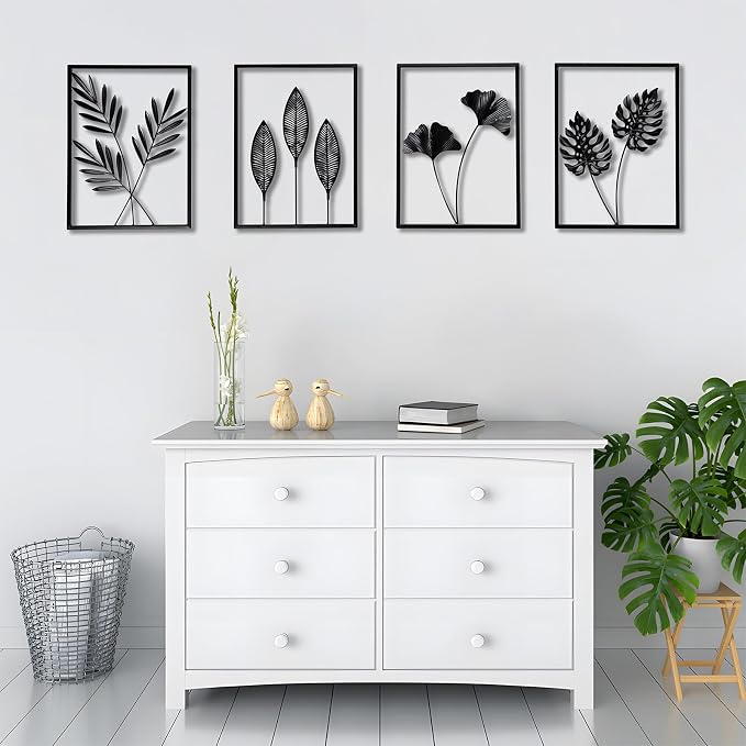 QXSXKJ Metal Wall Art, Black Frame Decor 4pack Modern Farmhouse Decor, 3d Metal Wall Ginkgo Art With Lamp for Living Room, Bedroom, Kitchen, Office (without light 17x12) - Image 3