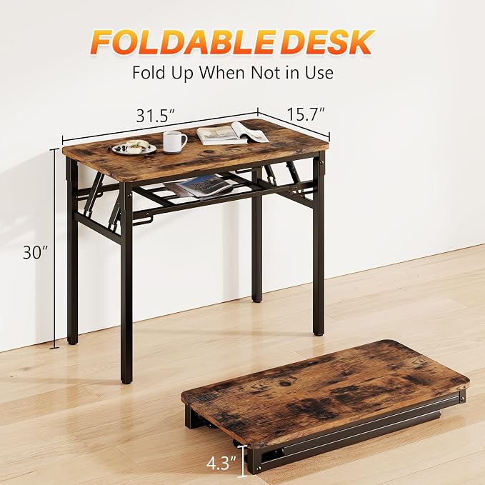 BYMECOST 31.5 inches Folding Desk Small Desk, No Assembly Computer Desk with Storage Shelf, No Install Small Foldable Table for Home Office,Study Table for Small Space (Brown, 31.5") - Image 2