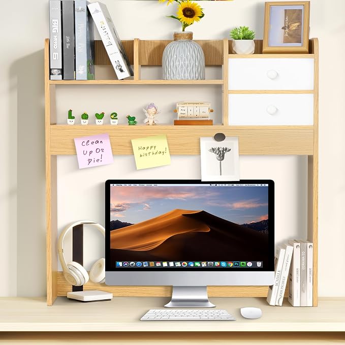 YGYQZ Wood Desk Shelf Organizer, Desk Hutch Top Only, Countertop Storage Hutch with 4 Shelves for Computer Desk，2-Tier with Cabinet Door Rack for Office, Home, Dorm，Natural - Image 7