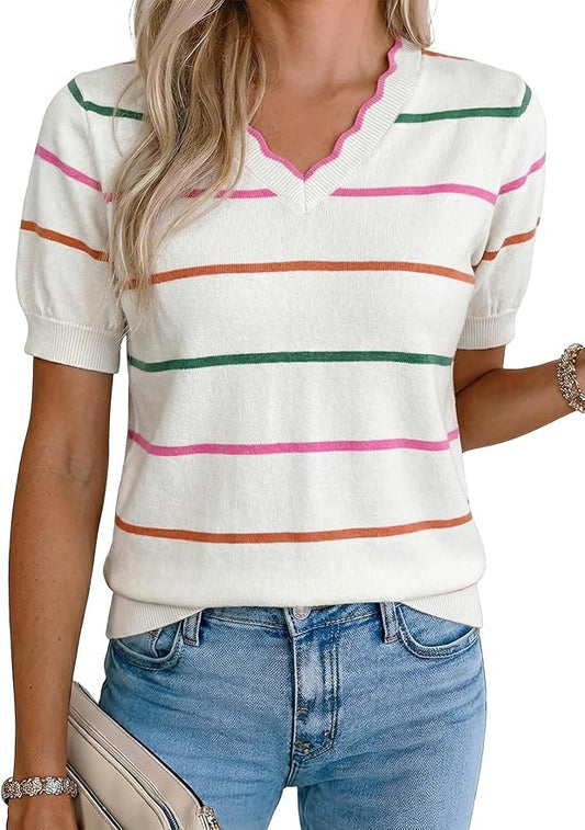 Dokotoo Womens Summer Short Sleeve Knit Tops 2026 Spring Trendy Casual V Neck Striped Sweater Blouses by Dokotoo