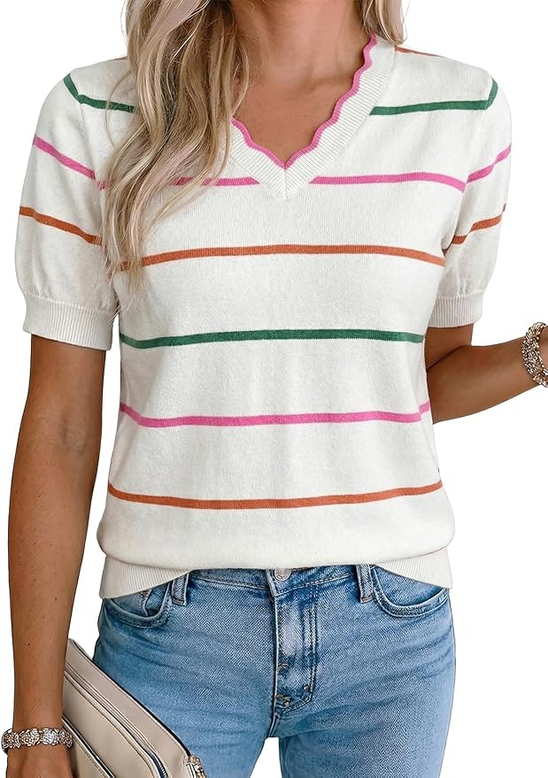 Dokotoo Womens Summer Short Sleeve Knit Tops 2026 Spring Trendy Casual V Neck Striped Sweater Blouses by Dokotoo