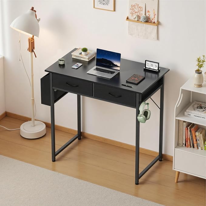 OLIXIS 32 Inch Small Desk, Gaming Computer Desk, Side Bag | Fabric Drawers, Headphone Hook, Home Office, Work Table, Writing Study, Bedroom, Black - Image 2