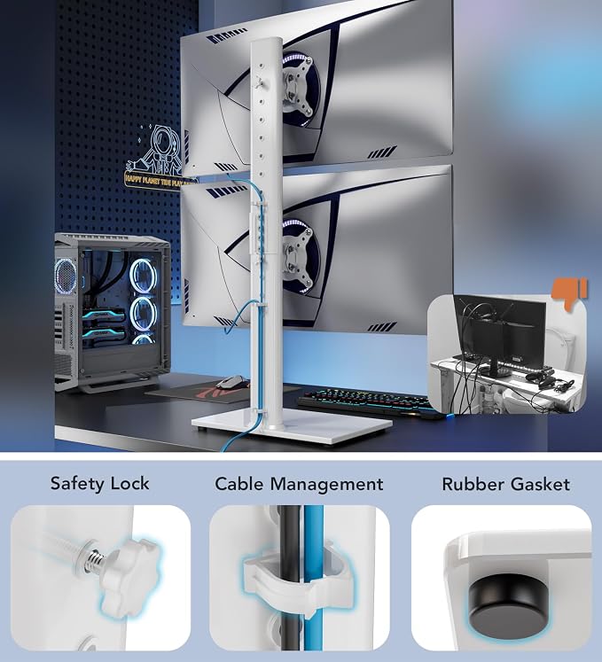 Dual Monitor Stand - Vertical Stack Screen Free-Standing Monitor Riser Fits Two 13 to 34 Inch Screen with Swivel, Tilt, Height Adjustable, Holds One (1) Screen up to 44Lbs HT05W-002 White - Image 6